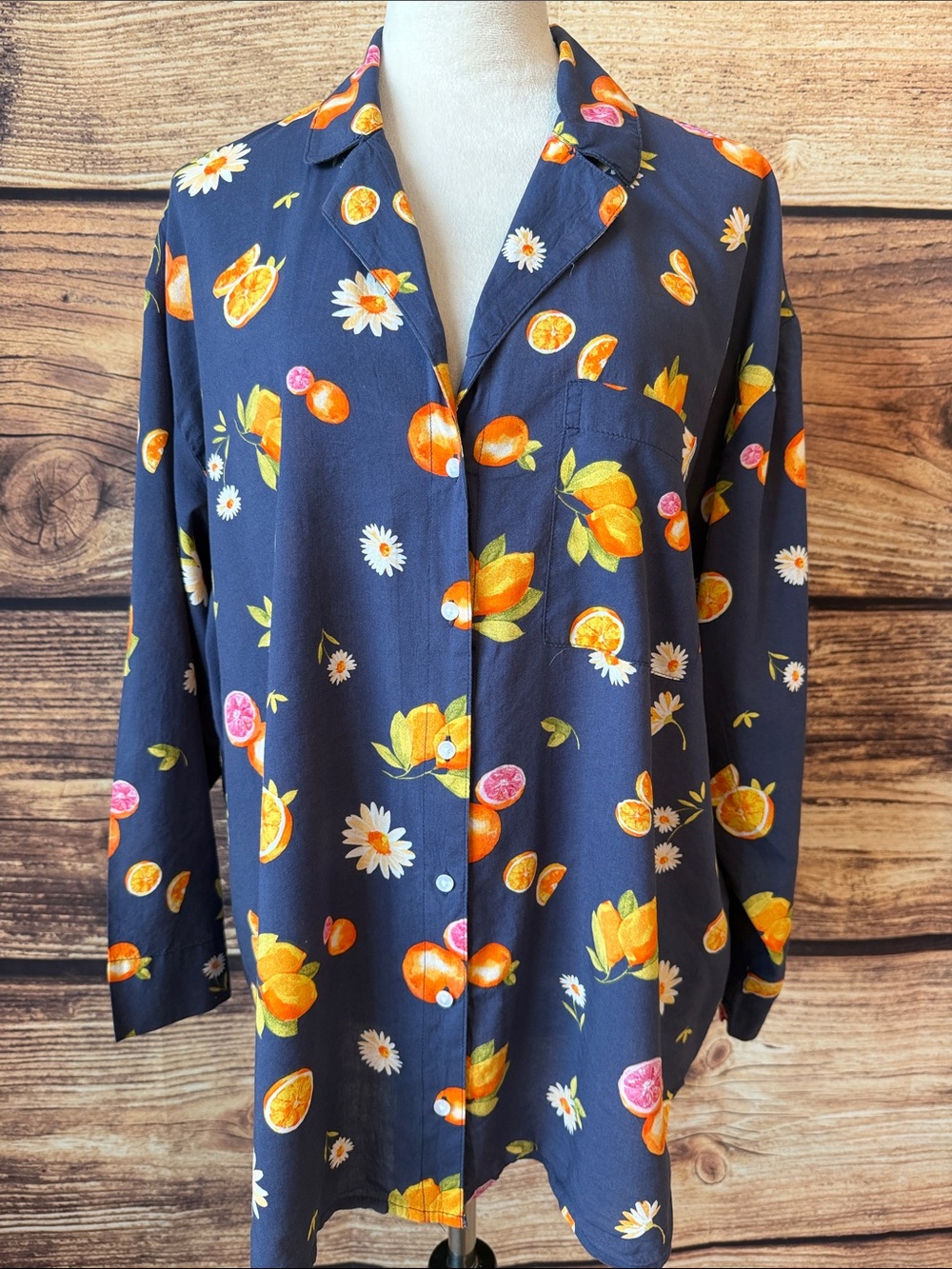 Only Navy Button-Up Shirt with Orange & Daisy Print